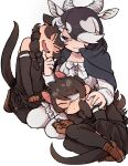  3girls antelope_ears antelope_horns australian_devil_(kemono_friends) bare_shoulders batten_japari_dan black_bow black_bowtie black_cape black_hair black_legwear black_shirt black_skirt blackbuck_(kemono_friends) blouse bow bowtie brown_footwear brown_gloves cape chin_stroking closed_eyes curled_up detached_sleeves extra_ears eyebrows_visible_through_hair eyepatch fangs gloves hair_over_one_eye hand_on_another&#039;s_shoulder head_on_another&#039;s_shoulder head_tilt highres horns igarashi_(nogiheta) kemono_friends loafers long_hair long_sleeves looking_at_another medical_eyepatch multicolored_hair multiple_girls open_mouth pantyhose pleated_skirt red_eyes seiza shirt shoes short_hair sitting skirt sleeping sleeping_on_person sleeveless smile tasmanian_devil_(kemono_friends) tasmanian_devil_ears tasmanian_devil_tail thigh-highs white_blouse white_hair white_legwear white_skirt zettai_ryouiki 