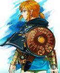  1boy bangs black_capelet blonde_hair blue_eyes blue_tunic capelet closed_mouth commentary_request earrings eyelashes from_behind hair_tie highres holding holding_sword holding_weapon jewelry link looking_to_the_side male_focus pointy_ears sheath shield solo sword the_legend_of_zelda the_legend_of_zelda:_breath_of_the_wild tied_hair tonbanlove weapon 