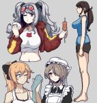  4girls ;t absurdres animal_ears arknights bangs bare_legs bianka_durandal_ataegina black_eyes black_hair black_shorts blonde_hair blue_eyes blue_shirt breasts clenched_hand collarbone commentary_request crop_top cropped_jacket cropped_torso dinoyhs eyebrows_visible_through_hair feater_(arknights) feater_(gourmet)_(arknights) food full_body grey_background grey_hair hair_over_one_eye hand_up hat highres holding holding_food honkai_(series) honkai_impact_3rd jacket large_breasts long_hair long_sleeves looking_at_viewer low_ponytail midriff mob_cap multiple_girls navel open_clothes open_jacket panda_ears red_eyes red_jacket revision rita_rossweisse shirt short_shorts shorts silver_hair simple_background sleeveless sleeveless_shirt standing stomach t-shirt thighs twintails upper_body white_headwear white_shirt 