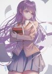  1girl absurdres blue_skirt book brown_jacket closed_mouth crossed_arms doki_doki_literature_club hair_ornament hairclip highres holding holding_book jacket long_hair looking_to_the_side paper purple_hair school_uniform skirt solo violet_eyes wny_(wnys_art) yuri_(doki_doki_literature_club) 