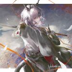  1girl arknights back bangs belt coat daylightallure dragon_girl dragon_horns dragon_tail eyebrows_behind_hair eyebrows_visible_through_hair grey_hair hair_between_eyes highres holding holding_sword holding_weapon horns looking_at_viewer looking_back military military_uniform short_hair silver_hair smile solo sword tail talulah_(arknights) uniform weapon 