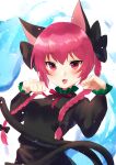  1girl :3 :d animal_ears bangs black_bow black_dress blue_fire blush bow braid breasts cat_ears cat_tail commentary dress eyebrows_visible_through_hair fang fire hair_bow hair_ribbon hitodama juliet_sleeves kaenbyou_rin kirisita long_hair long_sleeves looking_at_viewer multiple_tails neck_ribbon nekomata one-hour_drawing_challenge paw_pose puffy_sleeves red_eyes red_ribbon redhead ribbon simple_background small_breasts smile solo tail touhou tress_ribbon twin_braids twintails two_tails upper_body white_background 