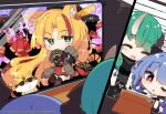 3girls :d ;&lt; ^_^ aerial_fireworks arknights bare_shoulders beni_shake black_gloves black_jacket black_shirt blonde_hair blue_hair brown_legwear ch&#039;en_(arknights) chibi closed_eyes closed_mouth collared_shirt commentary_request dress fang fang_out fireworks folding_fan gloves green_hair hand_fan holding holding_fan hoshiguma_(arknights) jacket long_sleeves multicolored_hair multiple_girls official_art parted_lips red_dress red_eyes redhead shirt sleeveless sleeveless_shirt smile streaked_hair sunglasses swire_(arknights) swire_(honor_and_splendor)_(arknights) thigh-highs triangle_mouth watermark white_shirt 