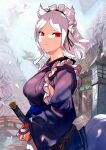  1girl animal_ears bangs breasts highres katana looking_at_viewer maid_headdress medium_hair original parted_bangs red_eyes solo sword tail wa_maid walzrj weapon wendy_(walzrj) white_hair wolf_ears wolf_tail 