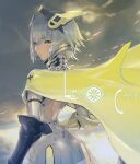  1girl armor ass back back_cutout cape closed_mouth clothing_cutout clouds cloudy_sky covered_nipples cropped english_text fantasy flaming_eye grey_hair headgear highres looking_back maeshima_shigeki original outdoors science_fiction short_hair sky solo yellow_cape yellow_eyes 