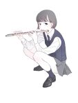  1girl bob_cut collared_shirt flute from_side greyscale holding holding_instrument instrument loafers looking_to_the_side monochrome necktie original pleated_skirt school_uniform shirt shoes shokugyo short_hair skirt socks solo squatting vest 