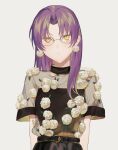  1girl arms_behind_back belt black_shirt closed_mouth commentary_request flower glasses grey_background highres long_hair looking_at_viewer megechan orange_eyes original purple_hair see-through_shirt shirt short_sleeves simple_background solo upper_body white_flower 