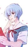  1girl abicomiyushi ayanami_rei bangs blue_hair collared_shirt hair_between_eyes highres holding looking_at_viewer neck_ribbon neon_genesis_evangelion parted_lips petals red_eyes red_ribbon ribbon sailor_collar sailor_shirt school_uniform shiny shiny_hair shirt short_hair simple_background solo upper_body white_background white_sailor_collar white_shirt 