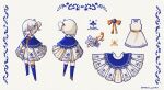  1girl blue_capelet blue_legwear capelet character_sheet cloak dingus_llama dress hair_ornament hair_over_one_eye hairpin highres ornament ponytail sky:_children_of_the_light sky_child sleeveless sleeveless_dress star_(symbol) thigh-highs white_cloak white_dress white_hair 