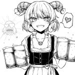  1girl alcohol alternate_costume apron beer beer_mug commentary_request cup curly_hair eagle_spirit_(touhou) greyscale heart heart-shaped_pupils horn_ornament horn_ribbon horns jewelry monochrome mug necklace ribbon sheep_horns symbol-shaped_pupils touhou toutetsu_yuuma waist_apron yonoisan 