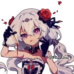  1girl artist_name bangs bare_shoulders black_dress black_gloves closed_mouth cup dress flower frilled_dress frills gloves holding holding_cup honkai_(series) honkai_impact_3rd long_hair looking_at_viewer meadow_(morphinecaca) petals red_eyes red_flower red_rose rose simple_background solo spilling strapless strapless_dress tea tearing_up theresa_apocalypse theresa_apocalypse_(luna_kindred) tongue tongue_out twintails white_background white_hair 