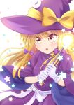  1girl absurdres blonde_hair blush bow cowboy_shot crescent crescent_pin dress eyebrows_visible_through_hair gloves haruki_reimari hat hat_bow highres holding holding_wand juliet_sleeves kirisame_marisa kirisame_marisa_(pc-98) long_hair long_sleeves moon open_mouth puffy_sleeves purple_bow purple_dress simple_background star_(symbol) touhou touhou_(pc-98) wand white_background white_bow witch_hat yellow_bow yellow_eyes 