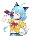  &gt;_&lt; 1girl absurdres animal_ears black_choker blue_hair bottle cat_ears choker collarbone drinking earrings eyebrows_visible_through_hair hand_on_hip heart heart_earrings highres holding holding_bottle jewelry official_art riko_(smc) shirt short_hair_with_long_locks skirt soda_bottle solo super_mecha_champions white_skirt wrist_cuffs yellow_shirt 