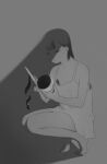  1girl bare_arms bare_legs barefoot dark dress expressionless from_side greyscale holding holding_knife knife looking_down monochrome original oversized_clothes peeling shadow shokugyo squatting 