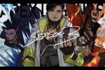  1boy apex_legends black_eyes black_gloves black_hair black_jacket black_shirt copyright_name crypto_(apex_legends) fingerless_gloves fire gloves green_vest head_tilt highres ice jacket jewelry looking_at_viewer looking_down male_focus multicolored_hair multiple_views navel necklace official_alternate_costume open_hand open_mouth redhead rising_phoenix_crypto shirt streaked_hair the_hired_gun_crypto tsukura_sae undercut vest white_jacket 