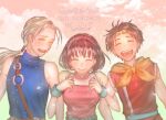  1girl 2boys breasts brown_hair circlet closed_eyes closed_mouth clouds gensou_suikoden gensou_suikoden_ii hairband jowy_atreides-blight multiple_boys nanami_(suikoden) open_mouth pants riou_(gensou_suikoden) sakai_(motomei) shirt short_hair smile 