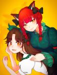  2girls :d alternate_eye_color animal_ears bangs black_bow black_wings blunt_bangs blush bow braid brown_hair cat_ears closed_mouth dress eyebrows_visible_through_hair frills green_bow green_dress hair_bow hair_ribbon hand_on_another&#039;s_shoulder hands_up highres juliet_sleeves kaenbyou_rin long_hair long_sleeves looking_at_viewer multiple_girls orange_eyes puffy_sleeves redhead reiuji_utsuho ribbon satsuki_mei_(17maymay14) simple_background slit_pupils smile touhou tress_ribbon twin_braids twintails wings yellow_background 