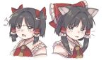  1girl alternate_hairstyle animal_ears ascot bandages bangs bare_shoulders blush bow cat_ears commentary_request detached_sleeves dress eyebrows_visible_through_hair frills grey_eyes grey_hair hair_bow hair_ornament hair_tubes hakurei_reimu looking_to_the_side looking_up matsukuzu open_mouth parted_bangs red_bow red_dress short_hair short_sleeves simple_background smile solo touhou upper_body white_background wide_sleeves yellow_ascot 