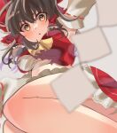  1girl :o armpits bangs blurry blurry_foreground bow brown_eyes brown_hair gohei hair_bow hakurei_reimu highres japanese_clothes looking_at_viewer miko open_mouth red_skirt sarashi simple_background skirt solo tosiosito touhou white_background 