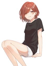  1girl arm_support bangs black_shirt brown_hair closed_mouth eyebrows_visible_through_hair hair_over_one_eye highres higuchi_madoka idolmaster idolmaster_shiny_colors knees_together_feet_apart light_brown_eyes light_smile looking_at_viewer mitora_nao mole mole_under_eye shirt short_sleeves shorts simple_background sitting smile swept_bangs t-shirt white_background white_shorts 