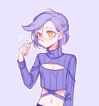  1girl breasts cleavage_cutout clothing_cutout freckles genderswap genderswap_(mtf) hair_ornament hairclip jojo_no_kimyou_na_bouken midriff playing_with_own_hair purple_hair ribbed_sweater sempon_(doppio_note) small_breasts solo sweater turtleneck vento_aureo vinegar_doppio x_hair_ornament yellow_eyes 
