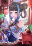  1girl animal bangs bare_shoulders black_hair blue_eyes blue_hair blue_nails blurry blurry_foreground breasts brooch detached_sleeves earrings eyebrows_visible_through_hair hair_bun hair_rings hands_up highres holding holding_animal ikumiy jewelry large_breasts league_of_legends lux_(league_of_legends) multicolored_hair nail_polish porcelain_lux rabbit shiny shiny_hair signature smile solo two-tone_hair upper_body 