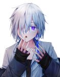 1boy :o absurdres black_shirt collarbone grey_hair hair_over_one_eye highres long_sleeves machi_824 male_focus messy_hair open_mouth original shirt simple_background sleeves_past_wrists upper_body violet_eyes white_background 