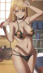  1girl bangs bare_shoulders bikini black_bikini blonde_hair blurry blurry_background breasts choker collarbone commentary eyebrows_visible_through_hair floral_print grin half-closed_eyes highres indoors kitagawa_marin large_breasts long_hair looking_at_viewer navel patreon_logo patreon_username red_eyes shexyo side-tie_bikini smile sono_bisque_doll_wa_koi_wo_suru swimsuit v web_address wide_hips 