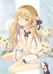  1girl ;o arm_between_legs bangs bare_arms black_legwear black_ribbon blonde_hair bloomers blue_background blush bouquet braid breasts commentary_request eyelashes fingernails flower french_braid hair_flower hair_ornament hair_ribbon jewelry kirisame_marisa leaf long_hair looking_at_viewer mary_janes mimi_(mimi_puru) no_hat no_headwear one_eye_closed open_mouth pantylines ribbon ribbon_trim ring shiny shiny_hair shoes sidelocks single_braid sitting small_breasts socks solo touhou tress_ribbon underwear wariza white_flower white_legwear yellow_eyes 