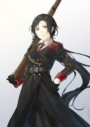  1girl black_hair girls_frontline gloves gun highres holding holding_gun holding_weapon jacket long_hair mik_bla military military_uniform mondragon_m1908_(girls&#039;_frontline) mondragon_rifle necktie red_eyes rifle solo twitter_username uniform weapon white_background 