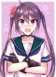  1girl akebono_(kancolle) akebono_kai_ni_(kancolle) alternate_hairstyle bell black_gloves blue_sailor_collar blue_skirt commentary_request crossed_arms flower gloves hair_bell hair_flower hair_ornament kabocha_torute kantai_collection long_hair looking_at_viewer one-hour_drawing_challenge open_mouth purple_hair sailor_collar school_uniform serafuku short_sleeves skirt solo twintails twintails_day upper_body very_long_hair violet_eyes 