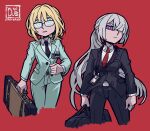  2girls ak-15_(girls&#039;_frontline) an-94_(girls&#039;_frontline) blonde_hair blue_eyes blue_suit breasts collared_shirt crossover formal girls_frontline glasses hair_over_one_eye helltaker highres holding holding_suitcase id_card long_hair looking_at_viewer multiple_girls necktie parody ponytail red_background shirt signature silver_hair simple_background sindraws style_parody suit suit_jacket suitcase violet_eyes 