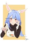  1girl absurdres animal_ear_fluff animal_ears apron black_sweater blue_hair border braid breasts carrot_print chen_yang_yang commentary_request cup drinking_glass eyelashes fingernails food_print forehead frilled_apron frills hair_between_eyes hand_on_own_face highres hololive light_blush long_hair looking_at_viewer mature_female open_mouth orange_eyes rabbit_ears rabbit_girl shot_glass signature sleeves_past_wrists solo sweater thick_eyebrows two-tone_background upper_body usada_pekora virtual_youtuber white_apron white_border yellow_background 
