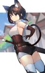  1girl absurdres animal_ear_fluff animal_ears bangs belt black_eyes black_hair cat_ears cat_tail dutch_angle elbow_gloves extra_ears eyebrows_visible_through_hair gloves highres looking_at_viewer looking_back original ryou_(ponpgo) short_hair shorts solo sword tail thigh-highs weapon 