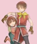  1boy 1girl breasts brown_eyes brown_hair circlet gensou_suikoden gensou_suikoden_ii gloves hairband nanami_(suikoden) open_mouth pants riou_(gensou_suikoden) sakai_(motomei) shirt short_hair simple_background smile 