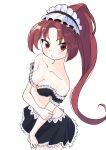  1girl absurdres alternate_costume bangs bare_shoulders bra enmaided frilled_bra frilled_skirt frills highres long_hair looking_at_viewer mahou_shoujo_madoka_magica maid maid_headdress ponytail red_eyes redhead sakura_kyouko skirt solo tanaka3bom underwear white_background 