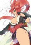  1girl amputee baiken big_hair black_jacket black_kimono breasts eyepatch from_below guilty_gear guilty_gear_strive jacket jacket_on_shoulders japanese_clothes katana kimono large_breasts multicolored_clothes multicolored_kimono one-eyed open_clothes open_kimono pink_hair ponytail red_eyes samurai sarashi sash scar scar_across_eye sword teko_(tawake) weapon white_kimono 