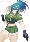  1girl abs absurdres bangs black_gloves blue_eyes blue_hair clenched_hand earrings fighting_stance gloves green_jacket green_shorts highres jacket jewelry konnichiwa029 leona_heidern looking_at_viewer navel ponytail short_sleeves shorts sidelocks simple_background solo the_king_of_fighters the_king_of_fighters_xv triangle_earrings twitter_username white_background 