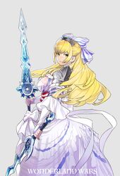  1girl armor blonde_hair bow choker closed_mouth copyright_name crystal crystal_sword dress dual_wielding english_text frilled_choker frilled_dress frills gem green_eyes grey_background hair_bow holding holding_sword holding_weapon long_hair maeshima_shigeki pauldrons purple_choker shoulder_armor simple_background single_pauldron solo striped striped_bow sword tiara weapon white_bow white_dress wonderland_wars 