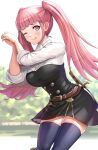  1girl ;q bangs belt black_dress blue_legwear blunt_bangs blush breasts brown_belt commentary_request cowboy_shot dress fire_emblem fire_emblem:_three_houses garreg_mach_monastery_uniform gonzarez highres hilda_valentine_goneril large_breasts long_hair long_sleeves looking_at_viewer one_eye_closed own_hands_together pink_eyes pink_hair shirt short_dress smile solo standing strapless strapless_dress sword thigh-highs thighs tongue tongue_out twintails weapon white_shirt zettai_ryouiki 