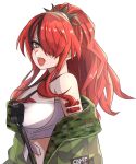  1girl :d bandeau bangs bare_shoulders black_hair breasts commentary_request fuzuki_(fuzuki_rua) green_jacket grey_eyes hair_over_one_eye highres jacket lain_paterson large_breasts long_hair looking_at_viewer midriff multicolored_hair nijisanji off_shoulder open_clothes open_jacket ponytail pouch redhead simple_background smile solo strapless streaked_hair suspenders tube_top upper_body white_background 