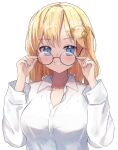  1girl adjusting_eyewear blonde_hair blue_eyes blush breasts collared_shirt commentary english_commentary eyebrows_visible_through_hair glasses grin hair_ornament hands_up highres hololive hololive_english large_breasts long_hair long_sleeves monocle_hair_ornament shirt shuuzo3 simple_background smile solo upper_body virtual_youtuber watson_amelia white_background white_shirt 