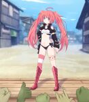  1girl 5others ahoge ass_visible_through_thighs bandeau black_panties black_shirt black_sleeves blue_eyes boots breasts crop_top full_body gem hand_on_hip hands highres knee_boots legs long_hair milim_nava multiple_others nail_polish navel no_pants outdoors panties pink_footwear pink_hair shirt side-tie_panties single_thighhigh small_breasts smile stage striped striped_legwear tensei_shitara_slime_datta_ken thigh-highs thigh_strap thighs twintails underwear very_long_hair village white_bandeau 