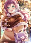  1girl :d absurdres aqua_eyes bag blurry blurry_background blush brown_capelet capelet dress earmuffs floating_hair fur-trimmed_capelet fur-trimmed_dress fur_trim hair_between_eyes handbag highres long_hair long_sleeves looking_at_viewer love_live! love_live!_school_idol_project nota_ika open_mouth purple_hair short_dress smile solo standing sweater sweater_dress toujou_nozomi twitter_username very_long_hair winter yellow_dress 