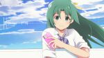  1girl bangs blue_background cellphone closed_mouth clouds collarbone collared_shirt floating_hair green_eyes green_hair hair_between_eyes hair_intakes hair_ribbon highres higurashi_no_naku_koro_ni holding holding_phone long_hair phone ribbon school_uniform shiny shiny_hair shirt sleeves_rolled_up smartphone smile solo sonozaki_mion st._lucia_academy_school_uniform tonogai_yoshiki upper_body very_long_hair white_shirt wing_collar yellow_ribbon 