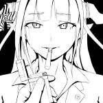  absurdres alexk character_request cigarette copyright_request dragon_horns formal greyscale highres hololive horns kiryu_coco monochrome sad suit 