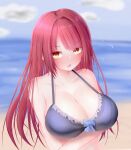  1girl beach breasts clouds day highres large_breasts long_hair looking_at_viewer metae original redhead solo swimsuit yellow_eyes 
