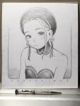  1girl bare_shoulders border breasts choker closed_mouth collar collarbone earrings english_text expressionless graphite_(medium) greyscale hat highres jewelry looking_at_viewer mechanical_pencil monochrome murata_range original pencil photo_(medium) shikishi short_hair small_breasts solo strapless traditional_media upper_body 