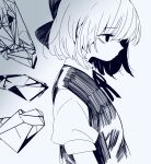  1341398tkrtr 1girl bangs cirno commentary_request eyebrows_visible_through_hair high_contrast highres ice ice_wings looking_ahead medium_hair monochrome open_mouth ribbon short_sleeves simple_background solo touhou vest_over_shirt white_background wings 
