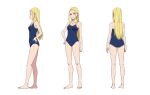  1girl ass bare_arms barefoot blonde_hair blue_eyes breasts character_sheet closed_mouth full_body hand_on_hip highres jewelry kofune_ushio long_hair looking_at_viewer matsumoto_miki medium_breasts multiple_views necklace official_art school_swimsuit shell_necklace simple_background smile standing summertime_render swimsuit transparent_background 